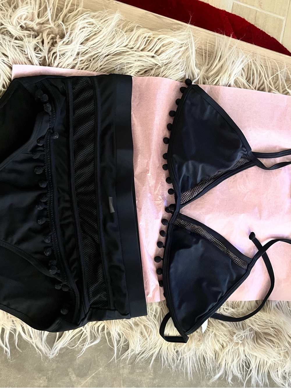 Black Pom-Trim Triangle Bikini Set - Women Swim Bikinis